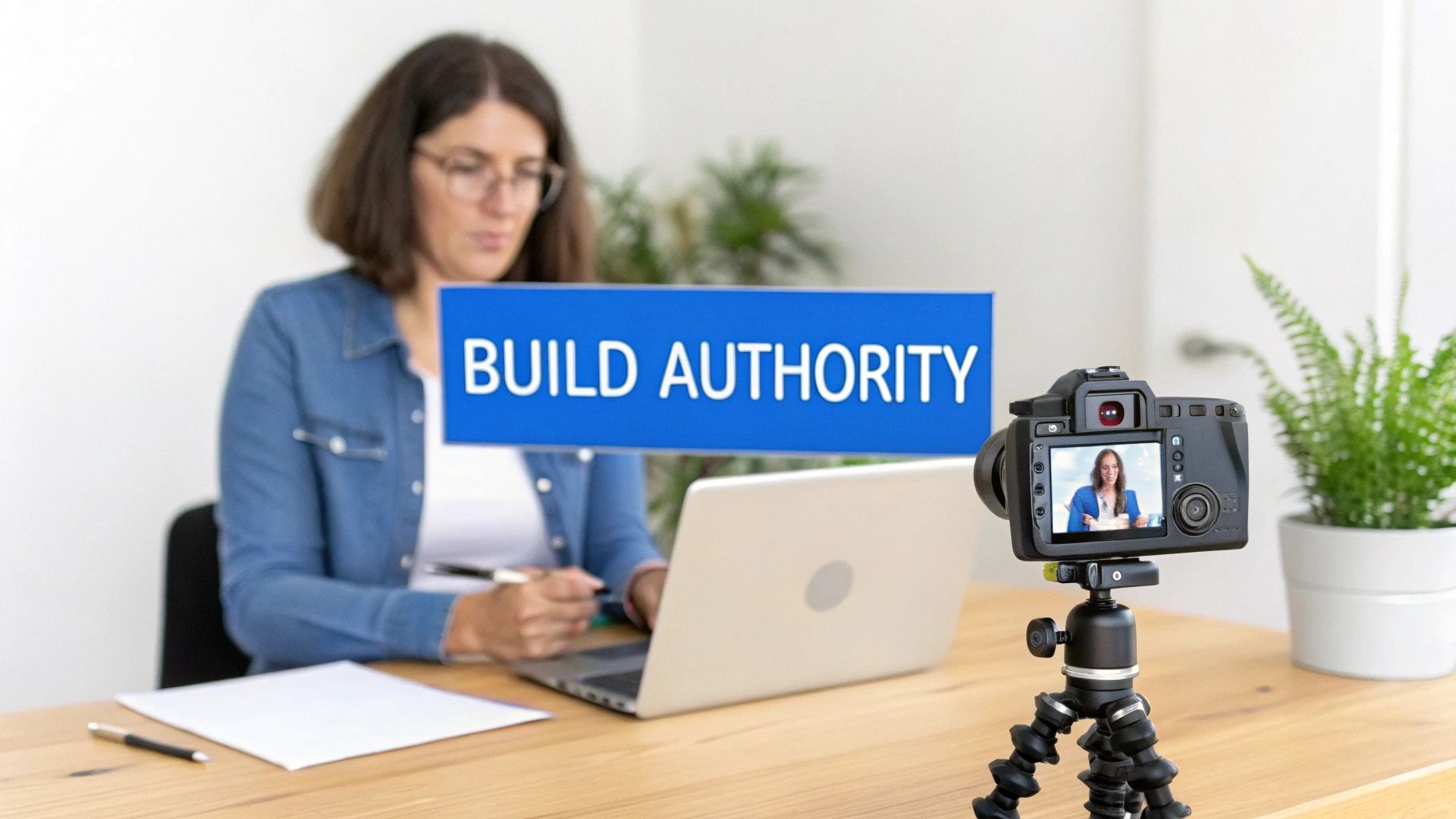 A woman records a video presentation with a camera, featuring a 'BUILD AUTHORITY' sign.