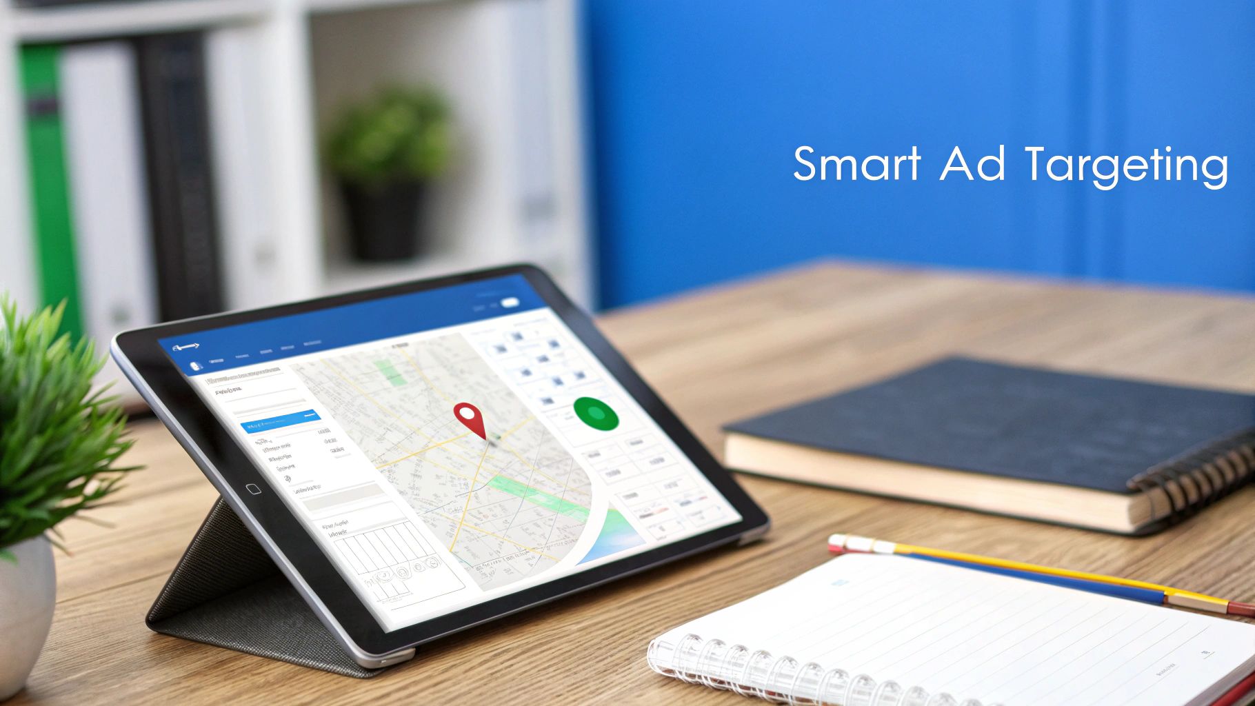 Tablet displaying map and data for smart ad targeting on a desk with a notebook and book.