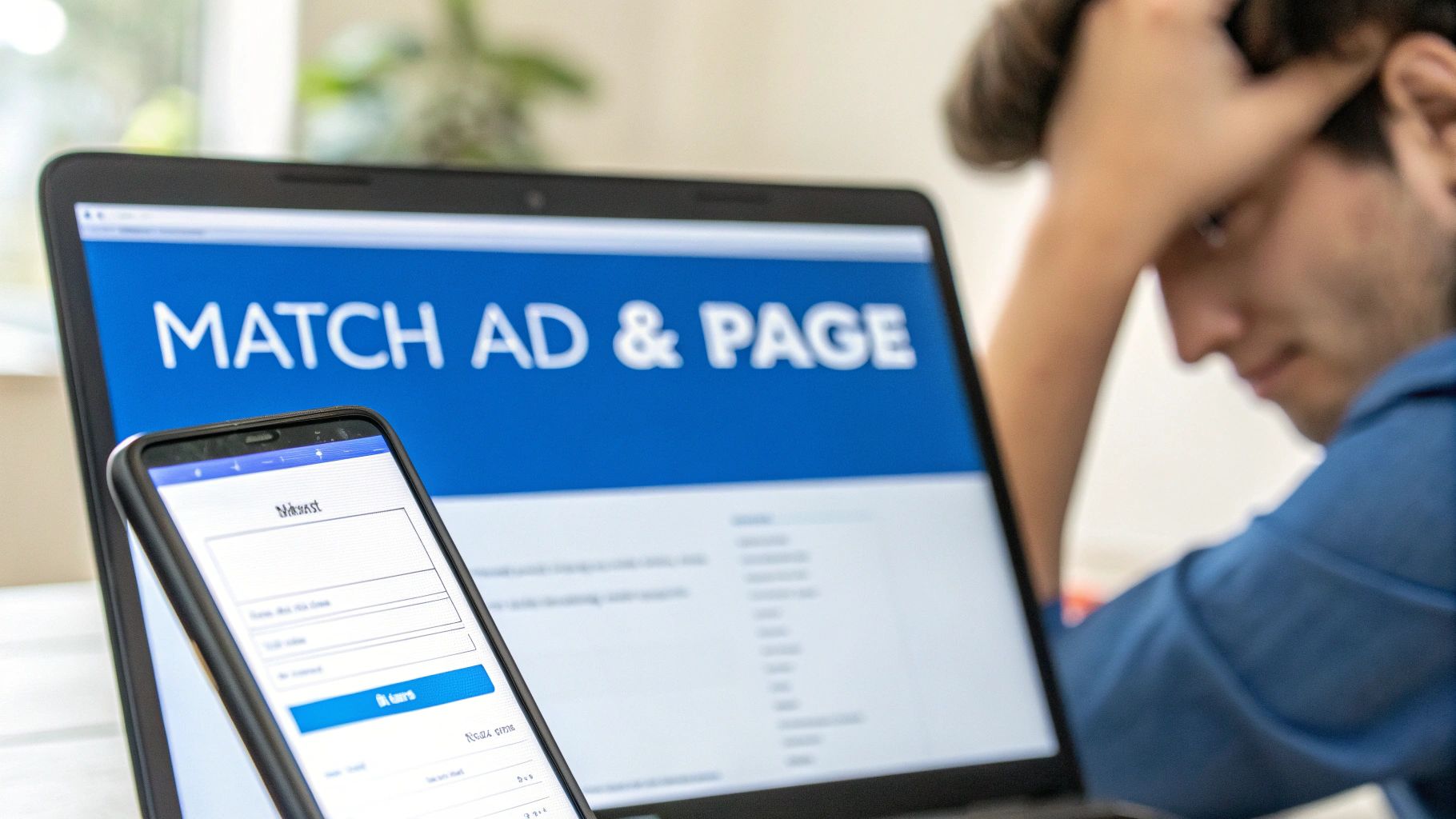 A stressed person looks at a laptop displaying 'MATCH AD & PAGE' with a smartphone in front.