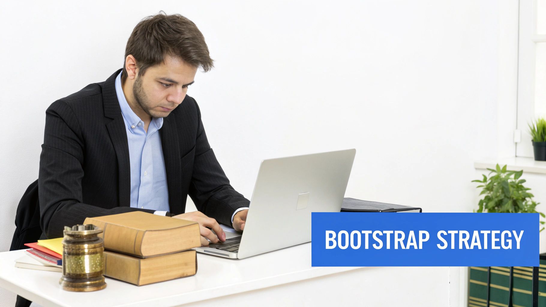 A professional man in a suit working diligently on a laptop at a desk, with books and a prominent 'Bootstrap Strategy' banner.