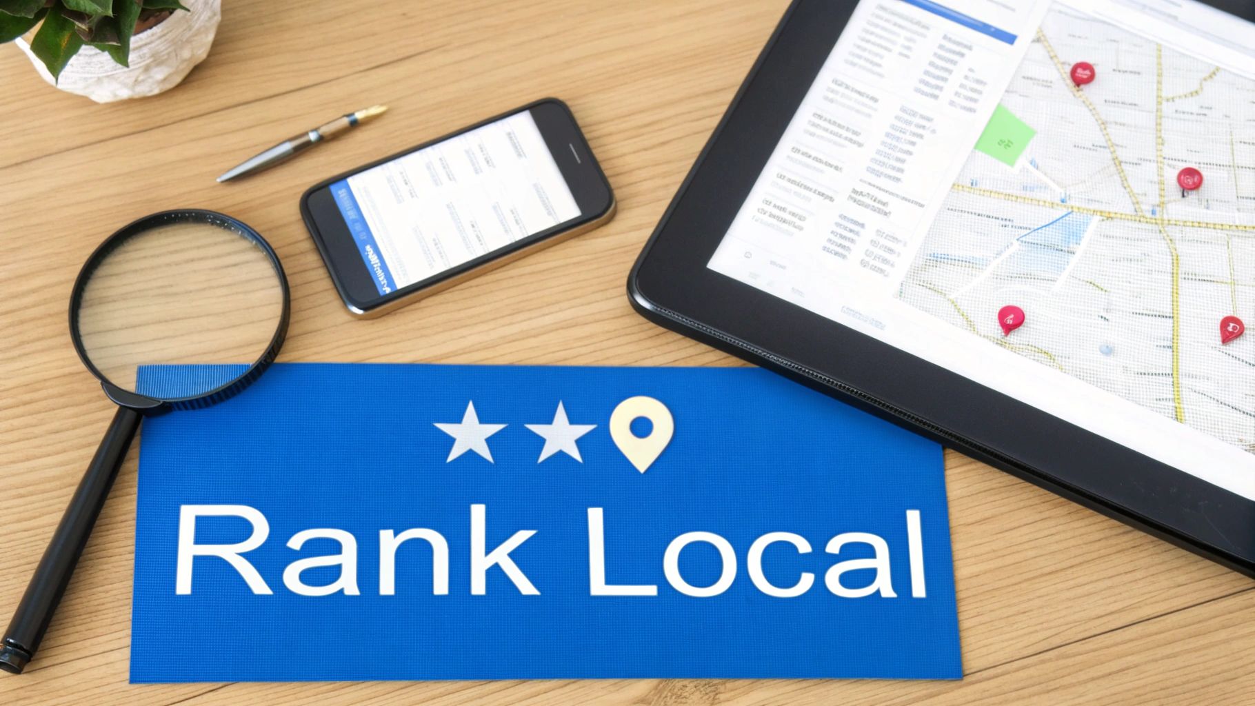 Digital marketing tools for local ranking: 'Rank Local' sign, smartphone, tablet with map, and magnifying glass.