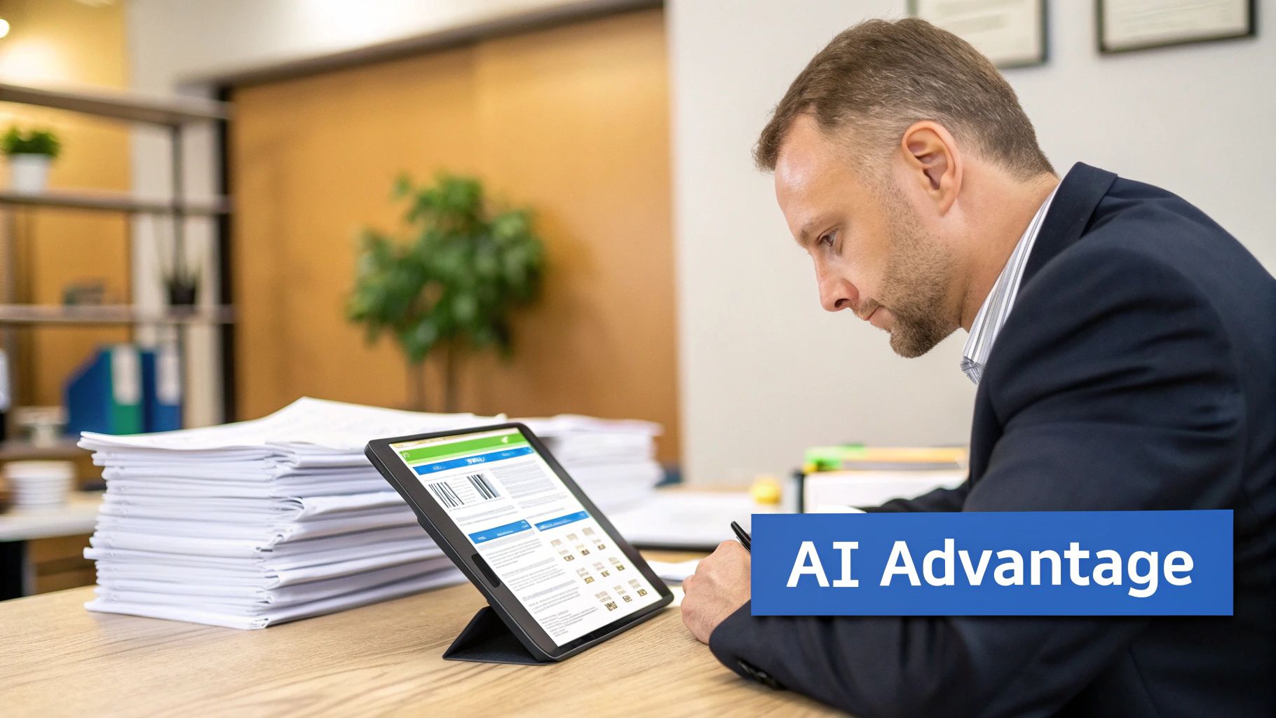 Businessman reviewing digital documents on a tablet, surrounded by a large stack of physical papers, highlighting AI advantage.