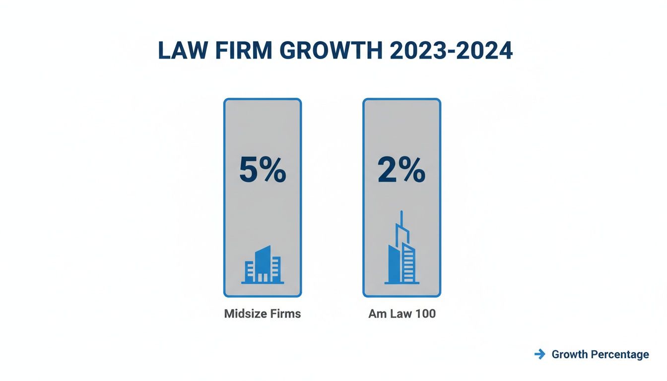 Bar chart comparing law firm growth percentages: Midsize Firms at 5% and Am Law 100 at 2% for 2023-2024.