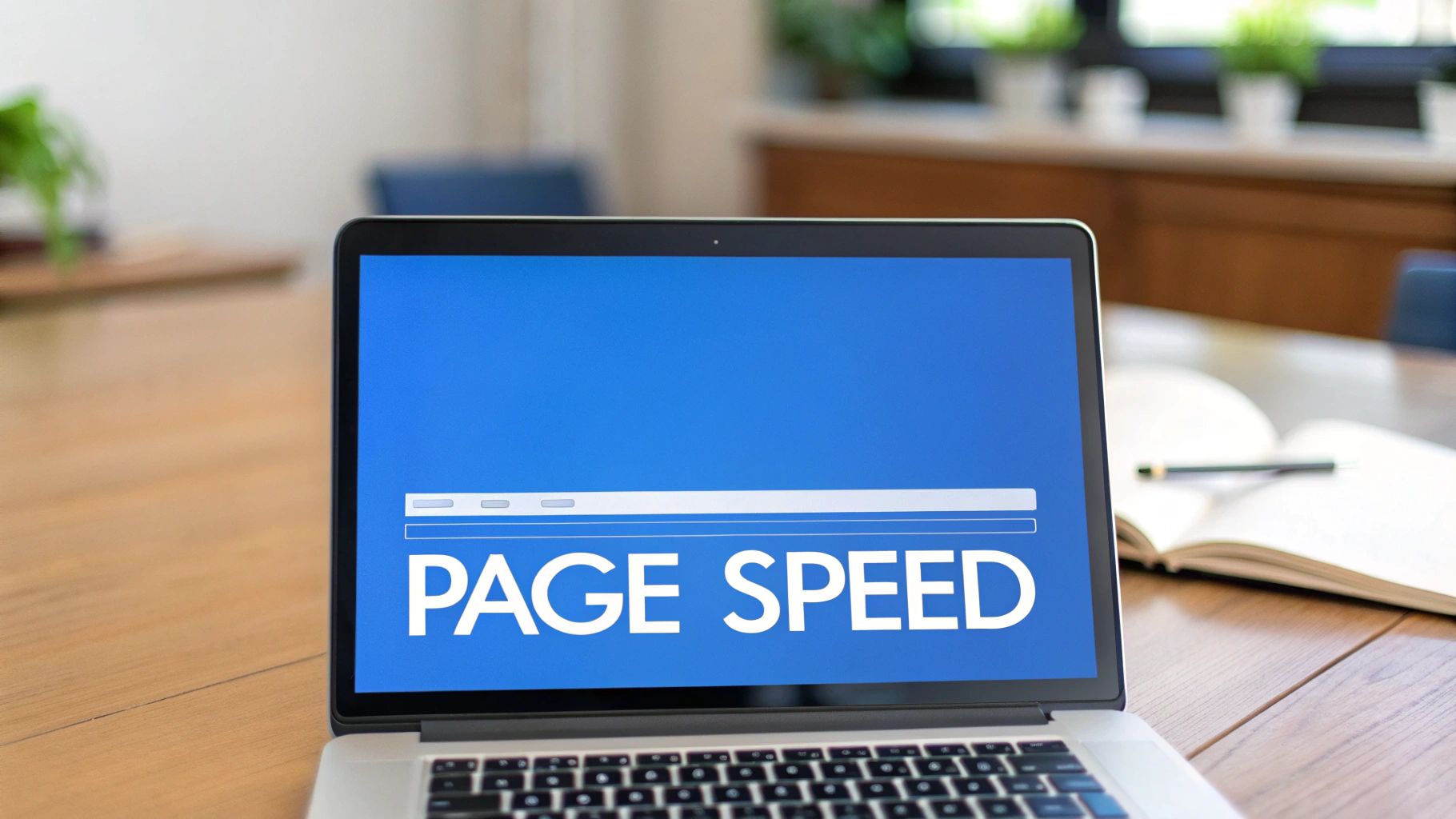 Laptop screen shows 'PAGE SPEED' and a progress bar, symbolizing fast website performance.