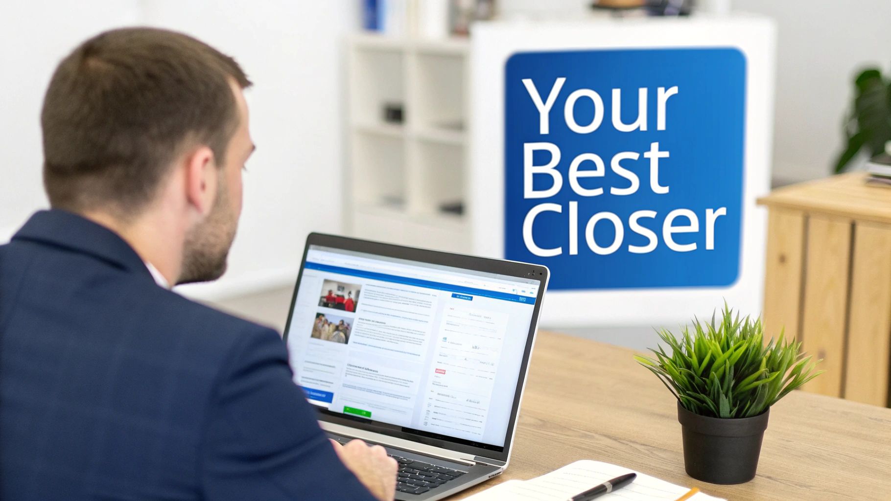 Man in a suit working on a laptop in an office with a 'Your Best Closer' sign.