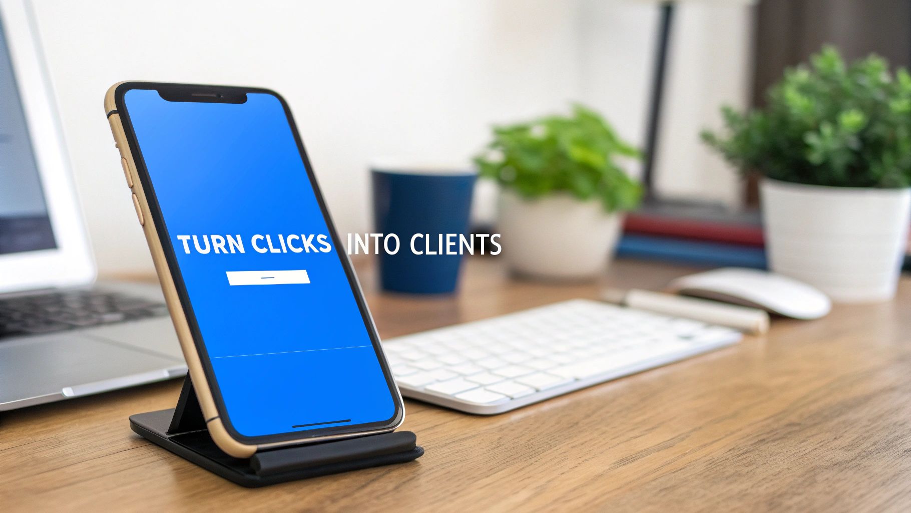 Smartphone on a wooden desk displaying 'Turn Clicks into Clients' with an office background.