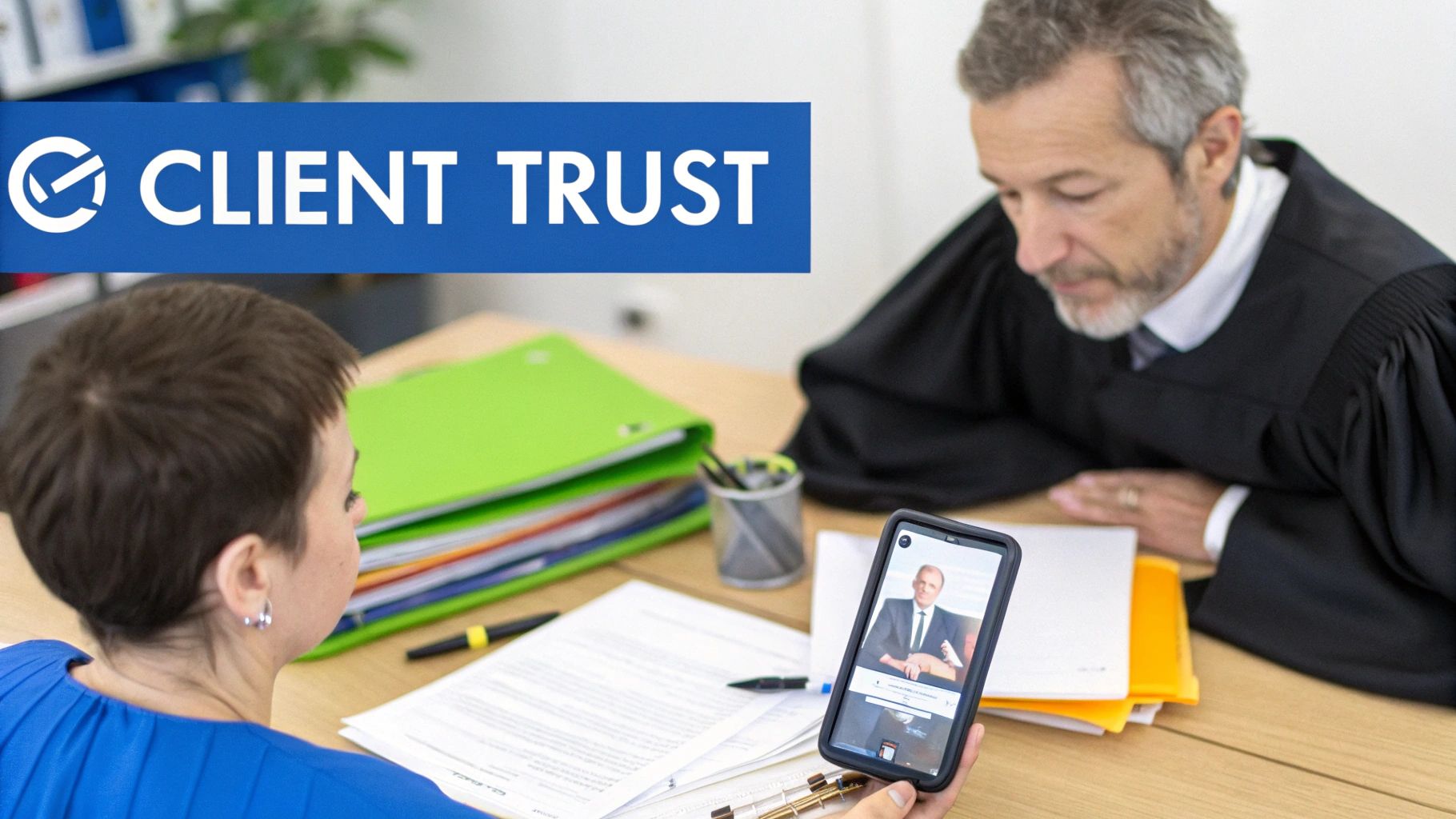 A woman and a judge consult, with a virtual client visible on a smartphone screen, emphasizing legal trust.