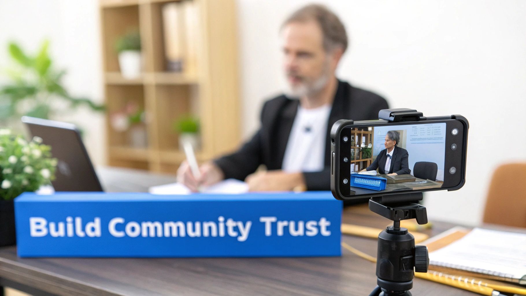 A person films a virtual presentation with a smartphone showing a speaker, promoting community trust.