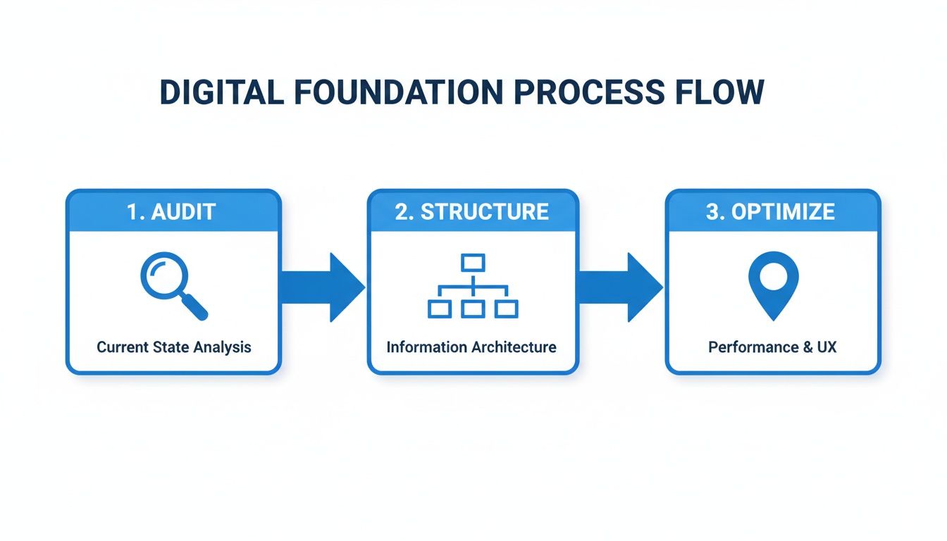 Digital Foundation Process Flow diagram showing three steps: Audit, Structure, and Optimize with icons.