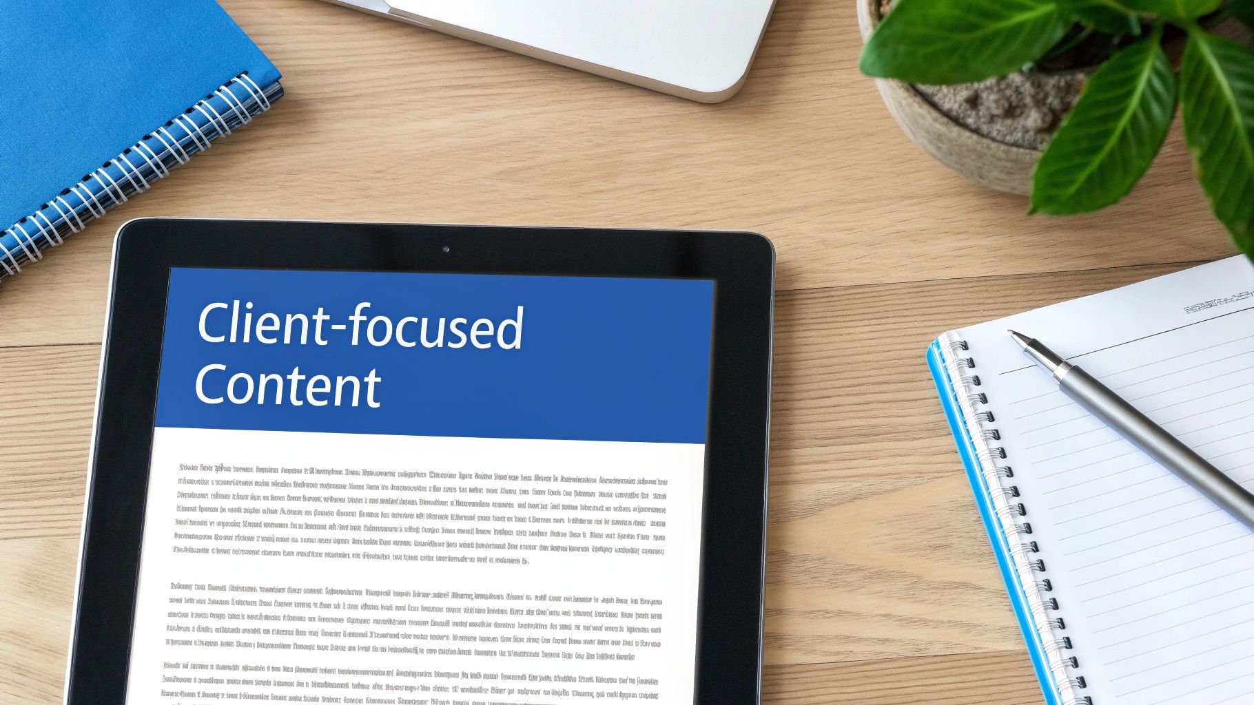 Digital marketing concept: tablet showing 'Client-focused Content' on a wooden desk with a notebook and pen.