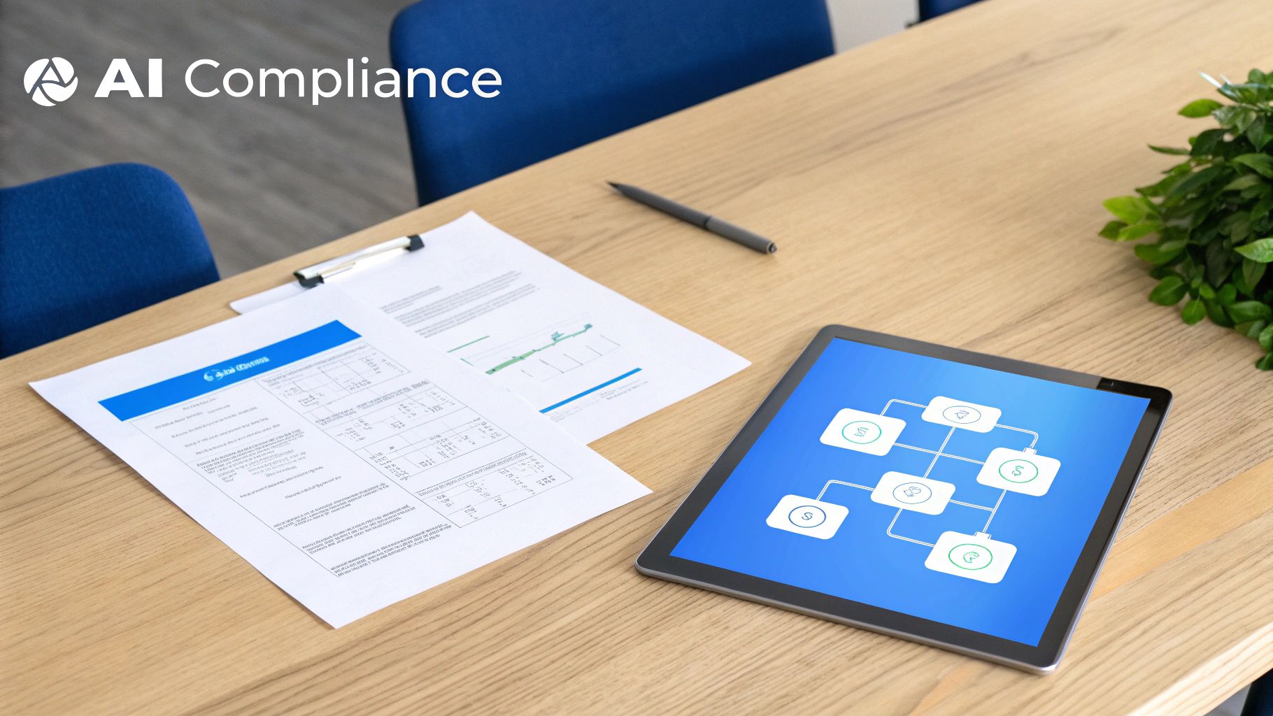 A tablet displaying a compliance flowchart and documents on a wooden desk, emphasizing AI compliance.