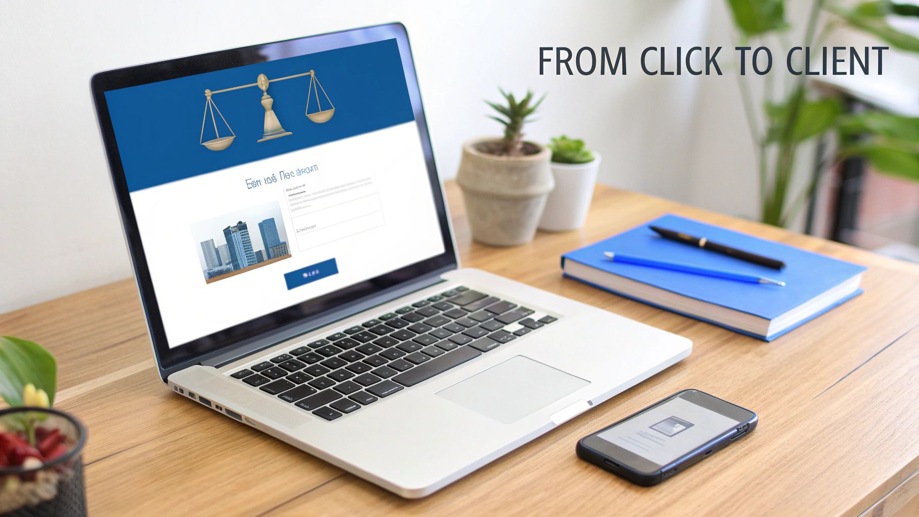A laptop displaying a legal website with scales of justice, alongside a smartphone and notebook on a desk.
