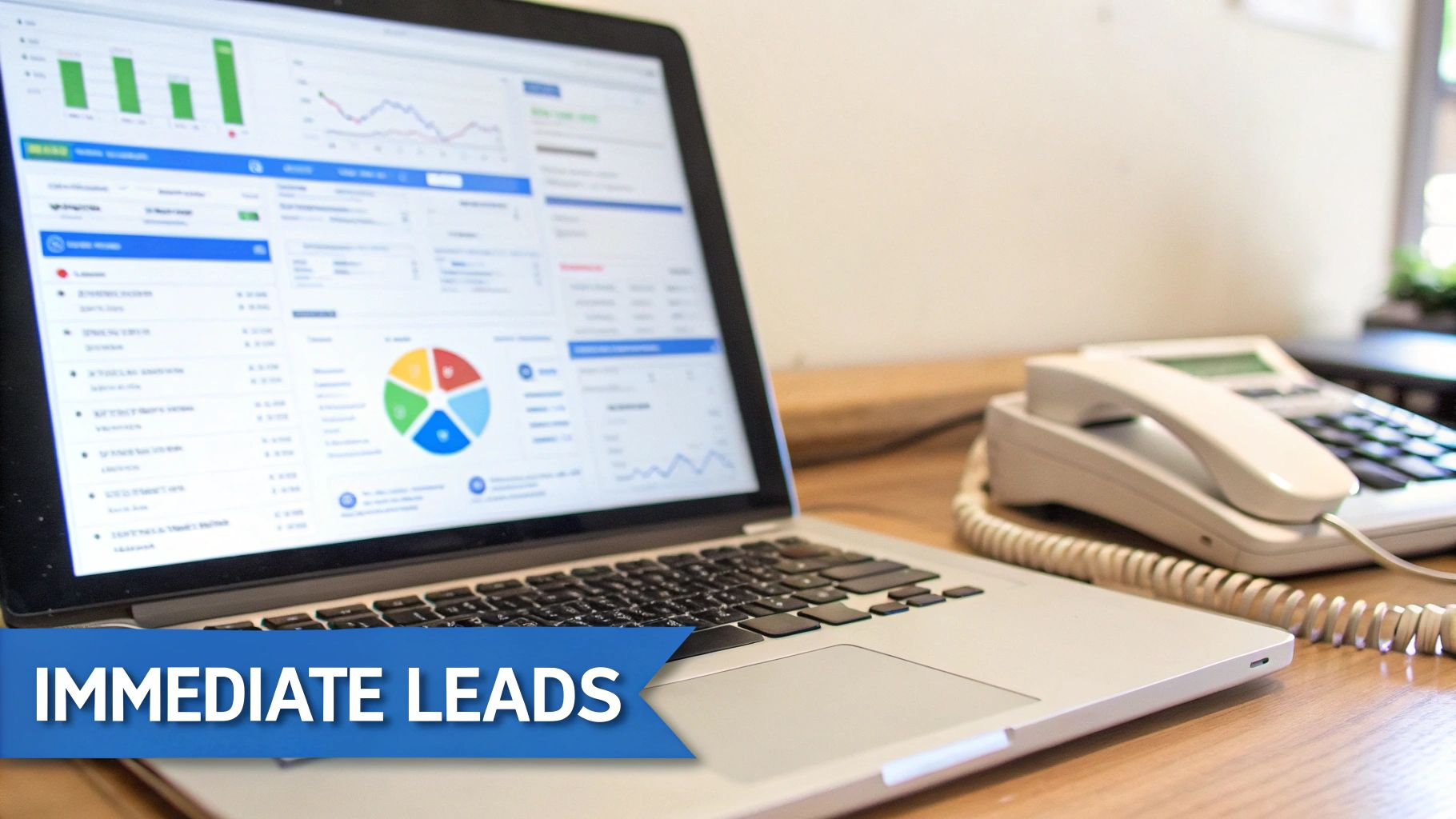 Laptop displaying a digital marketing dashboard with charts, graphs, and a pie chart, emphasizing immediate leads.