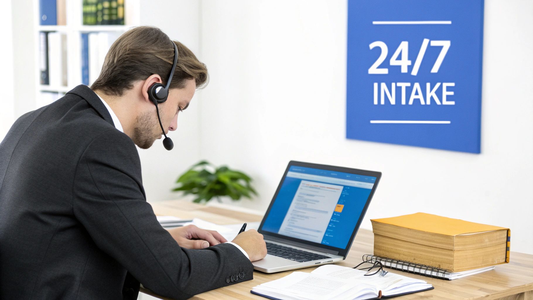 A call center agent wearing a headset is taking notes while working on a laptop, with a '24/7 intake' sign in the background.