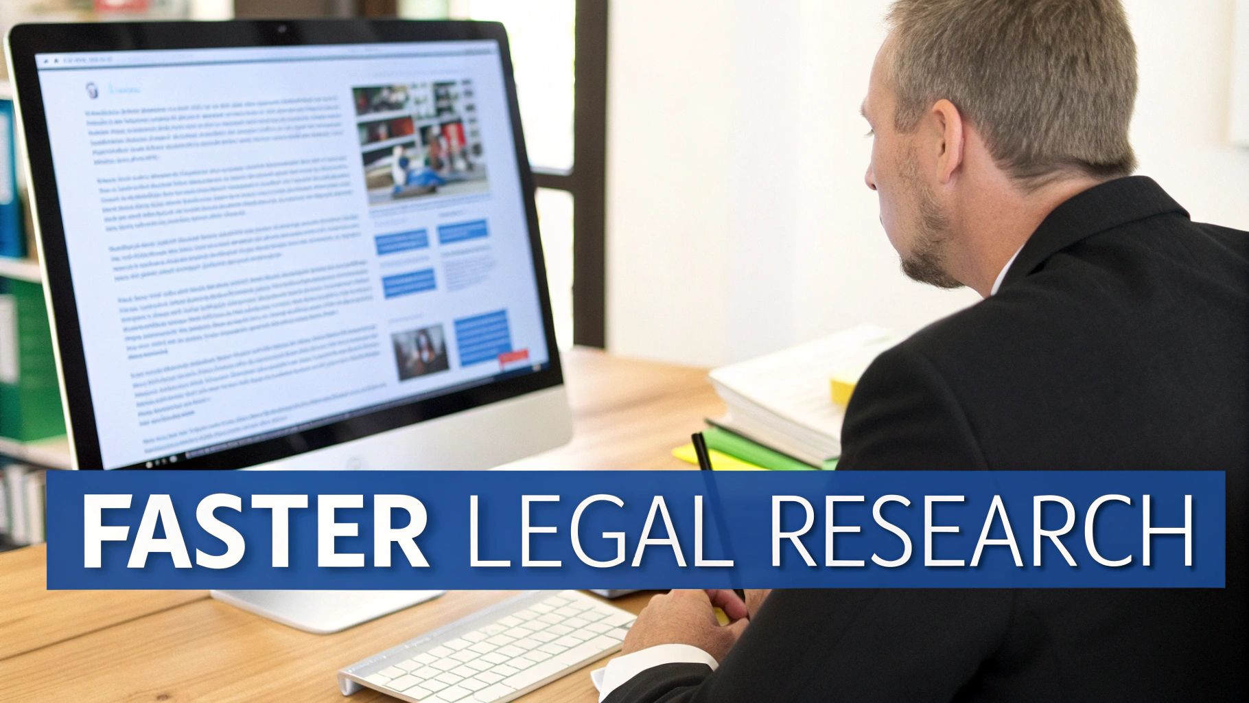 A professional man in a suit conducting legal research on a computer screen, with overlay text 'FASTER LEGAL RESEARCH'.