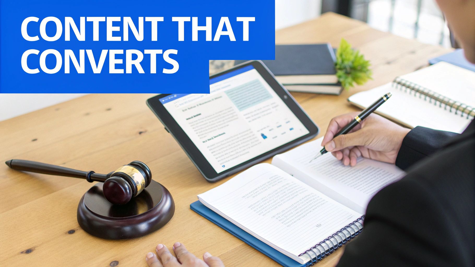 Person writing with a pen, gavel, and tablet on a desk, with 'CONTENT THAT CONVERTS' text.