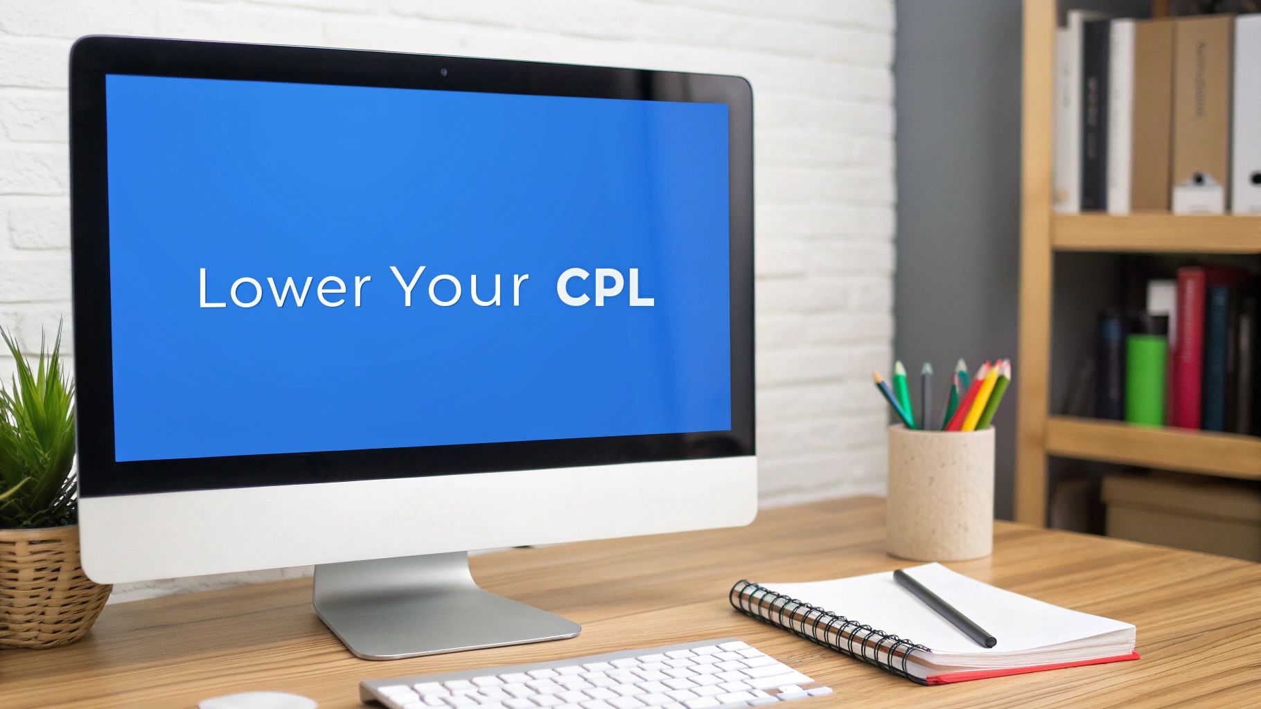 A computer monitor on a wooden desk displays 'Lower Your CPL', surrounded by office supplies.