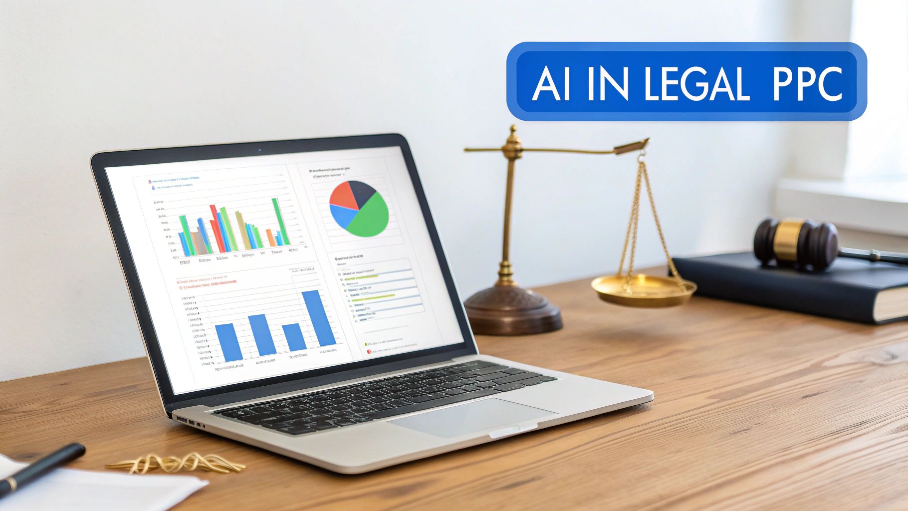 Laptop showing analytics charts, scales of justice, and a gavel, with 'AI in Legal PPC' text.