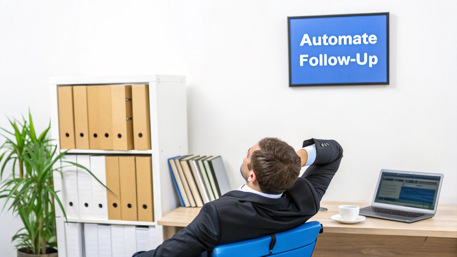 A relaxed businessman in an office chair looking at a wall screen displaying 'Automate Follow-Up'.