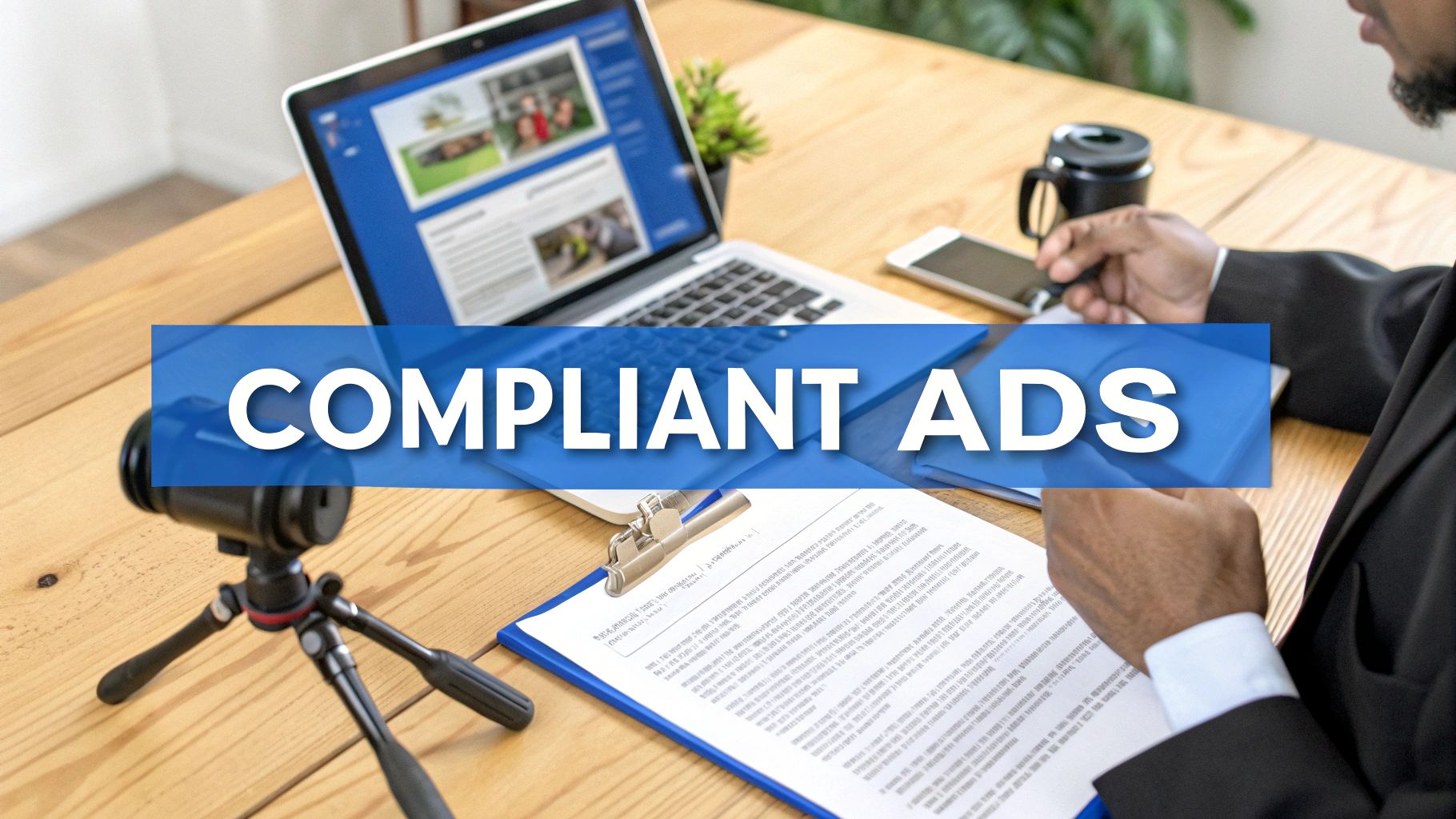 A person works on a laptop at a wooden desk with documents, featuring a 'COMPLIANT ADS' text overlay.