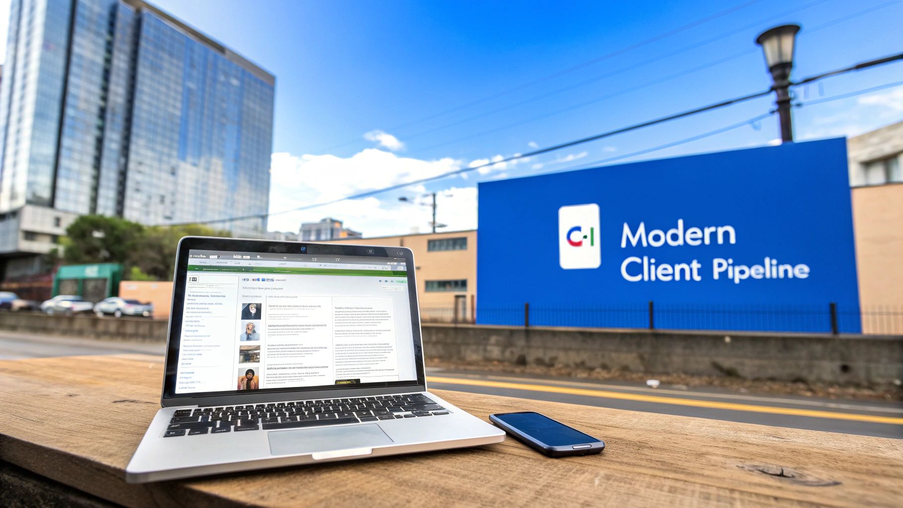 A laptop and smartphone sit on a wooden table with a 'Modern Client Pipeline' billboard in the background.