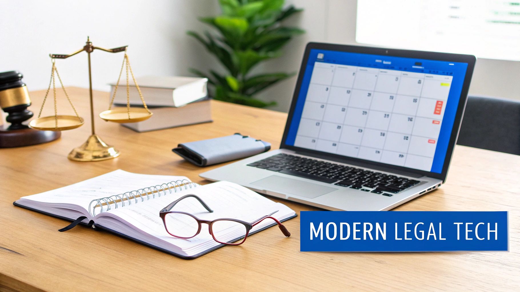 A legal workspace with scales of justice, a gavel, books, laptop, and a notebook, highlighting modern legal tech.