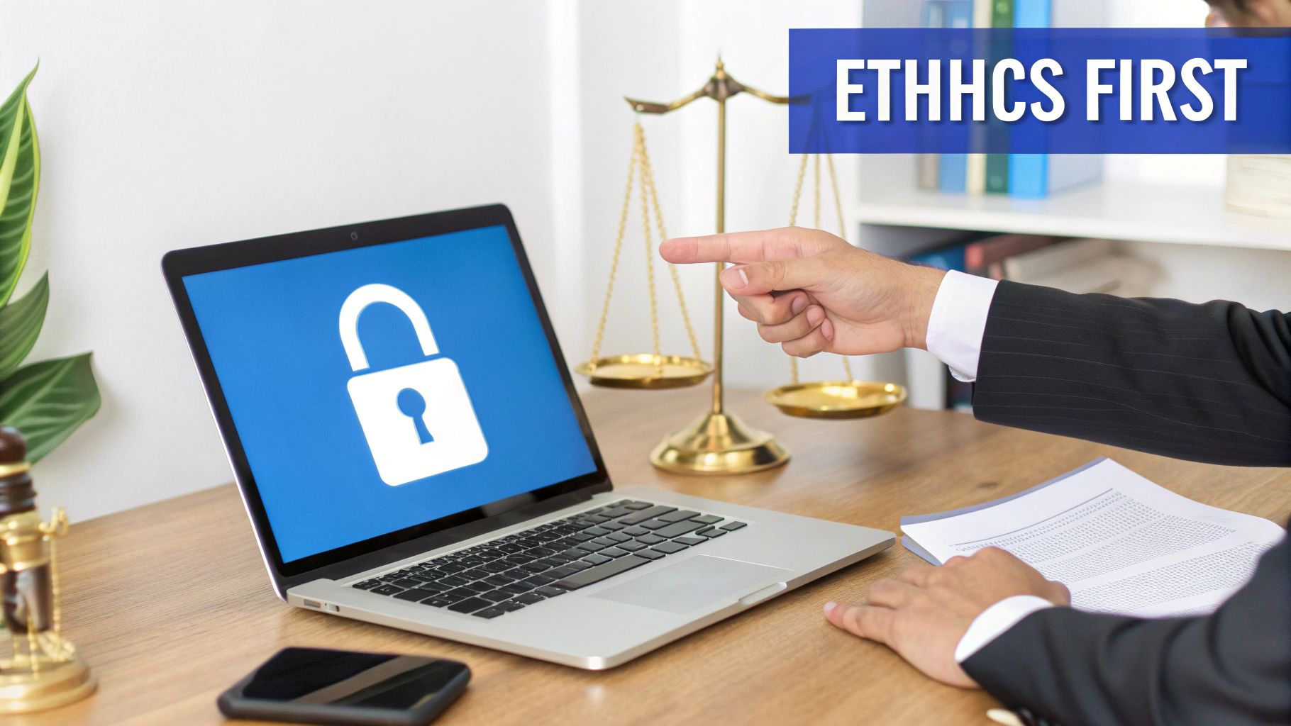 An attorney points at a laptop displaying a padlock icon, next to scales of justice and an 'ETHICS FIRST' banner.