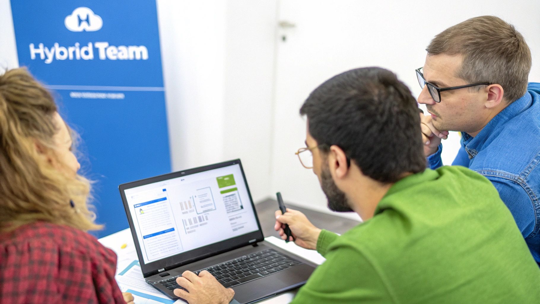 Three professionals intently view a laptop screen, engaging in a collaborative work session.