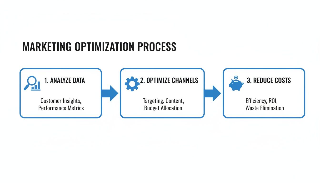 A flowchart outlining the three steps of the marketing optimization process: analyze data, optimize channels, and reduce costs.