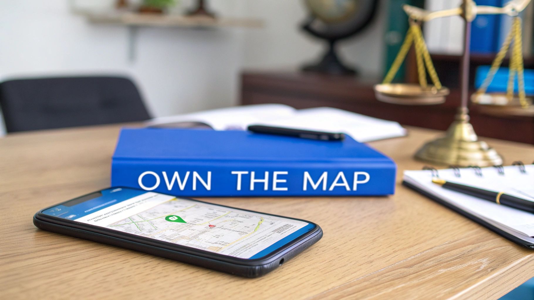 A desk with a smartphone displaying a map, a blue book titled 'OWN THE MAP', and scales of justice.