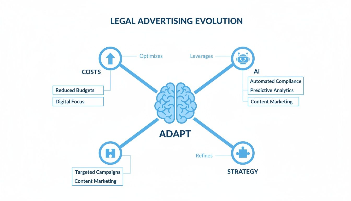 Diagram showing the legal advertising evolution, illustrating how adaptation optimizes costs, leverages AI, and refines strategy.
