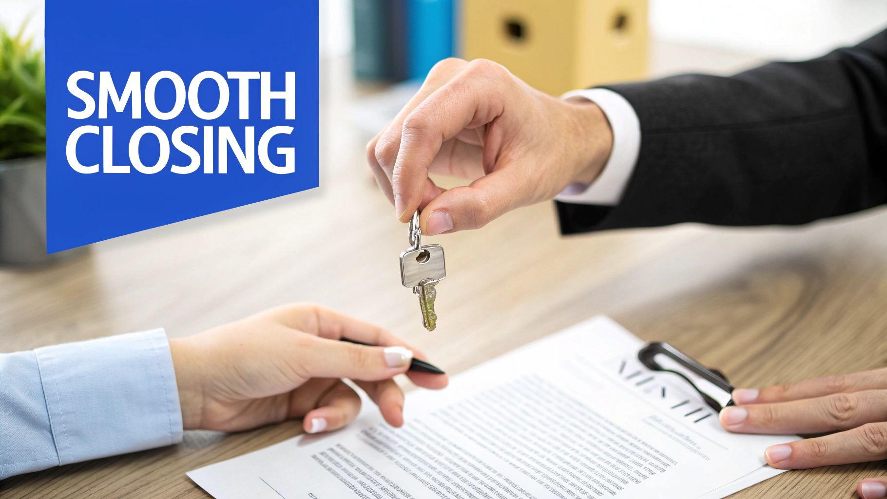 Real estate agent handing over house keys during smooth closing transaction with signed contract