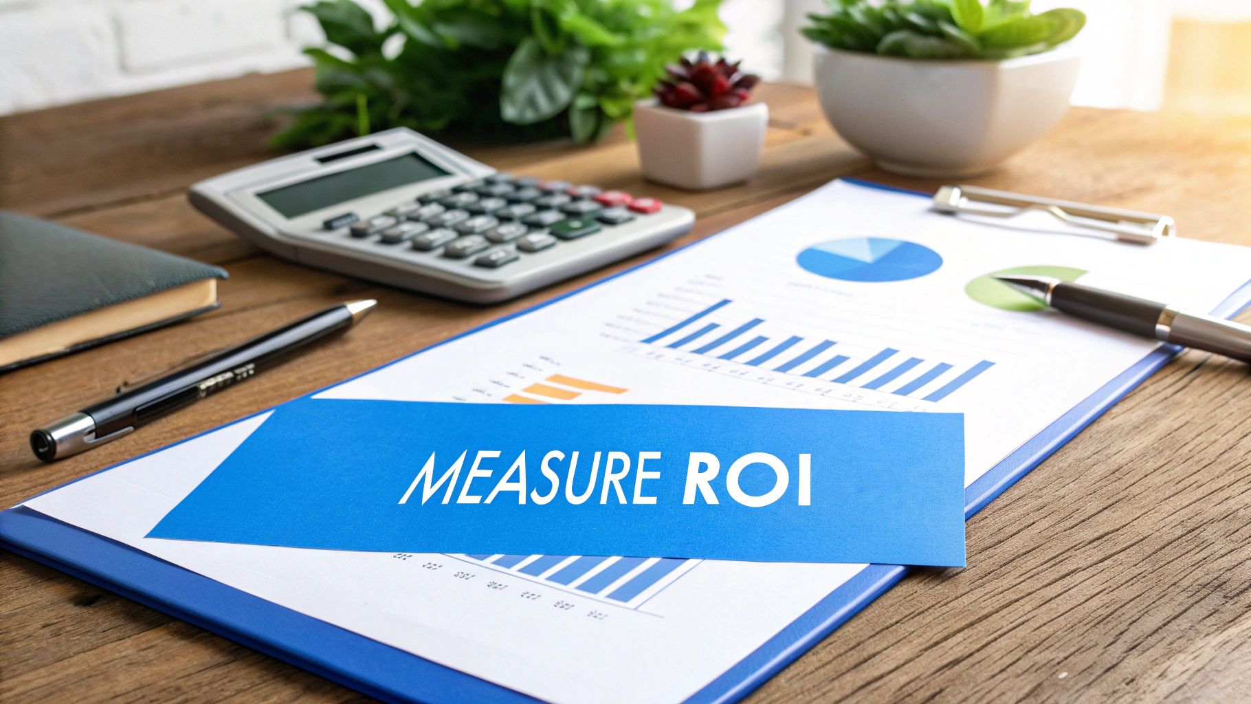 Business desk with calculator, charts, and measure ROI banner for marketing analytics