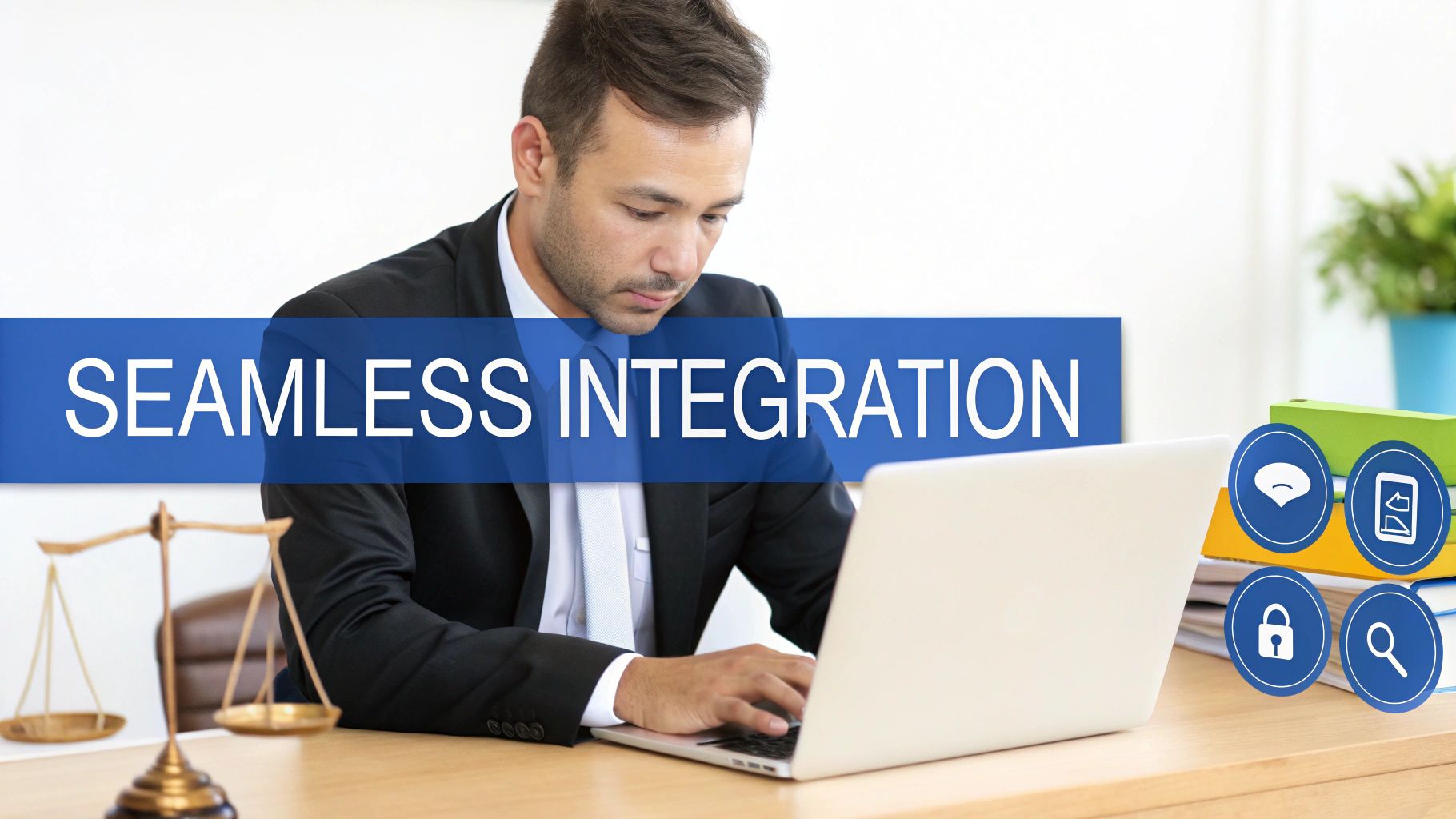 A lawyer works on a laptop with a 'Seamless Integration' banner, scales of justice, and legal icons.