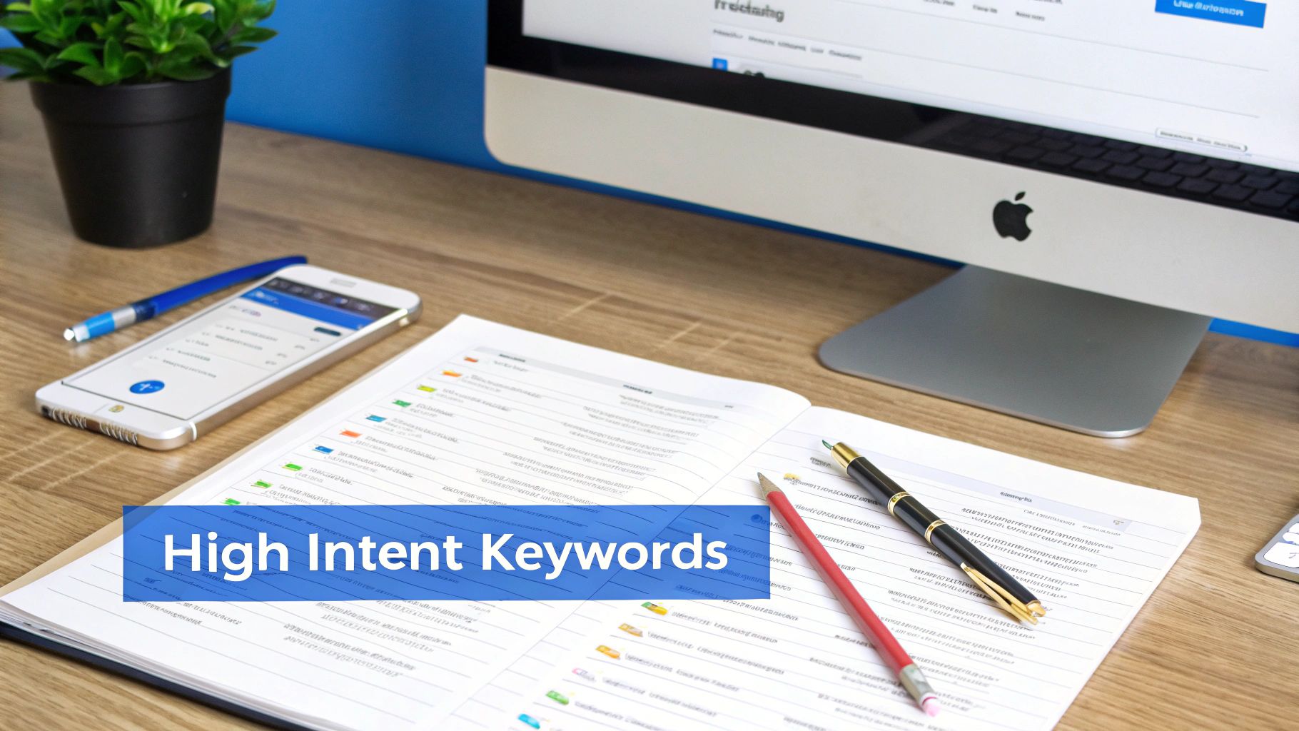 A marketing desk setup with a computer, smartphone, notebook, and pens, showing 'High Intent Keywords' text.