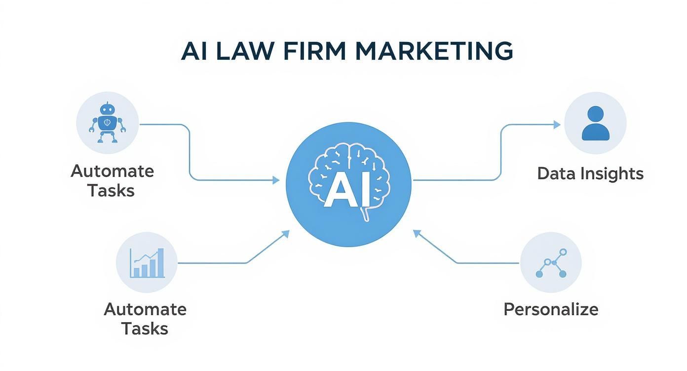 An AI law firm marketing diagram with AI at the center, automating tasks, providing data insights, and personalizing strategies.