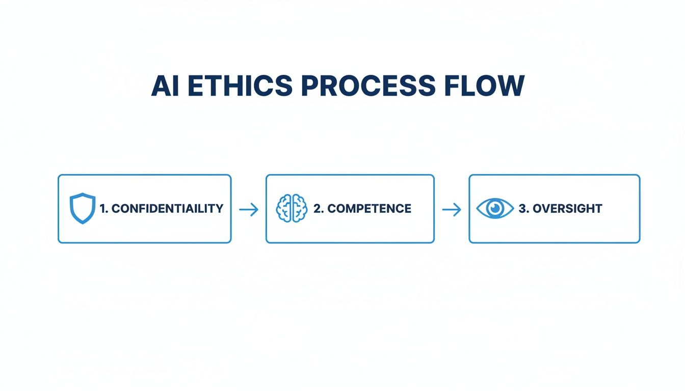 A clear flow chart detailing the AI Ethics Process with three key steps: Confidentiality, Competence, and Oversight.