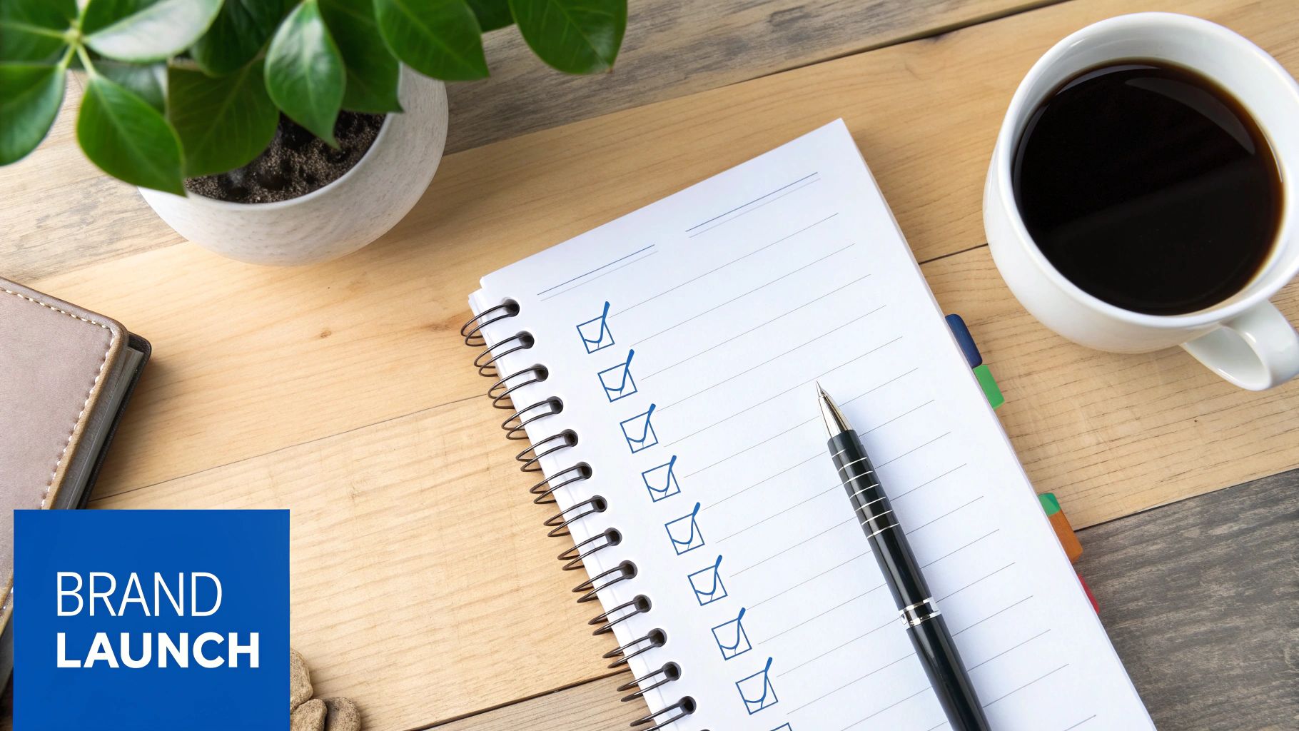 A notebook with a checklist, pen, coffee cup, and plant on a wooden desk with 'BRAND LAUNCH' overlay.