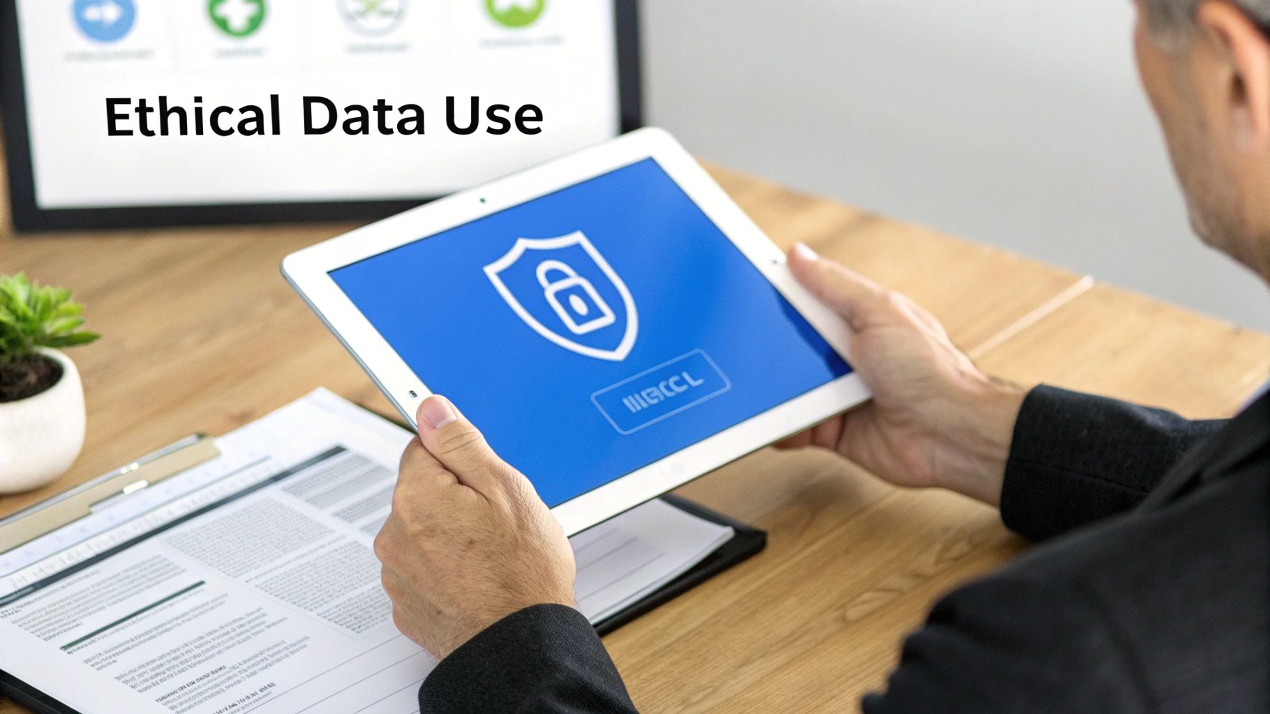A person holds a tablet displaying a security shield and padlock, with 'Ethical Data Use' on a background screen.