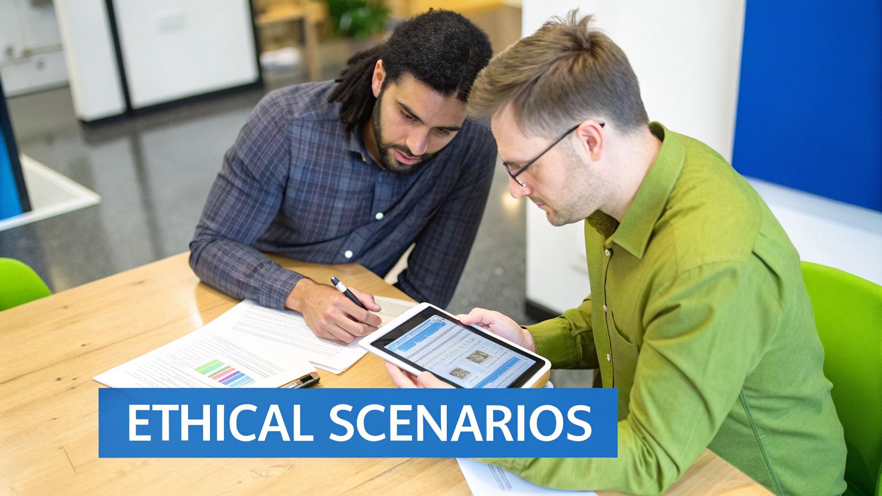 Two men collaborate at a table, one writing on paper, the other viewing a tablet, with 'ETHICAL SCENARIOS' text.