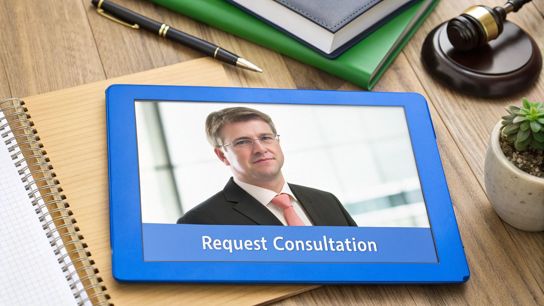 Professional attorney in suit on tablet screen with request consultation button for law firm