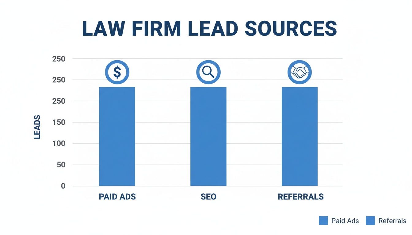 Bar chart illustrating law firm lead sources: Paid Ads, SEO, and Referrals, each generating over 200 leads.