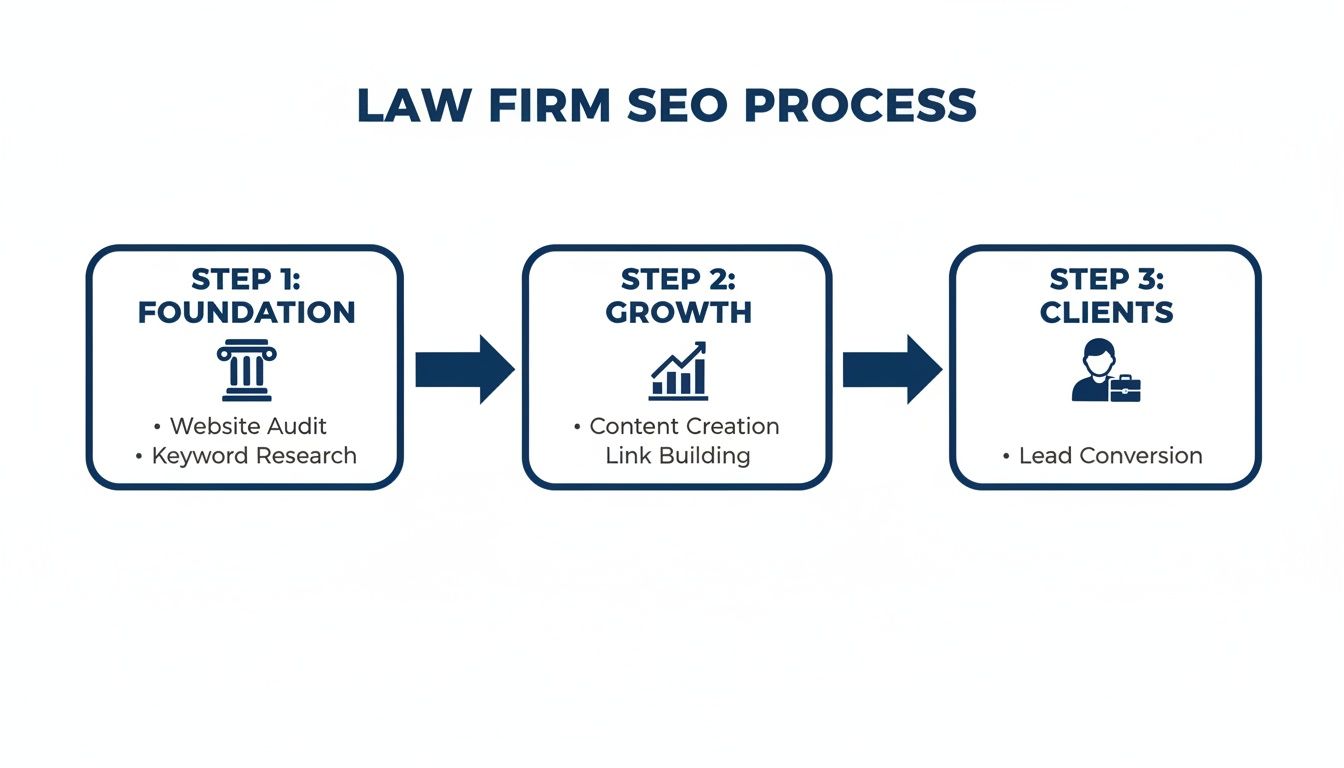 Flowchart detailing a law firm's SEO process with steps for foundation, growth, and client conversion.