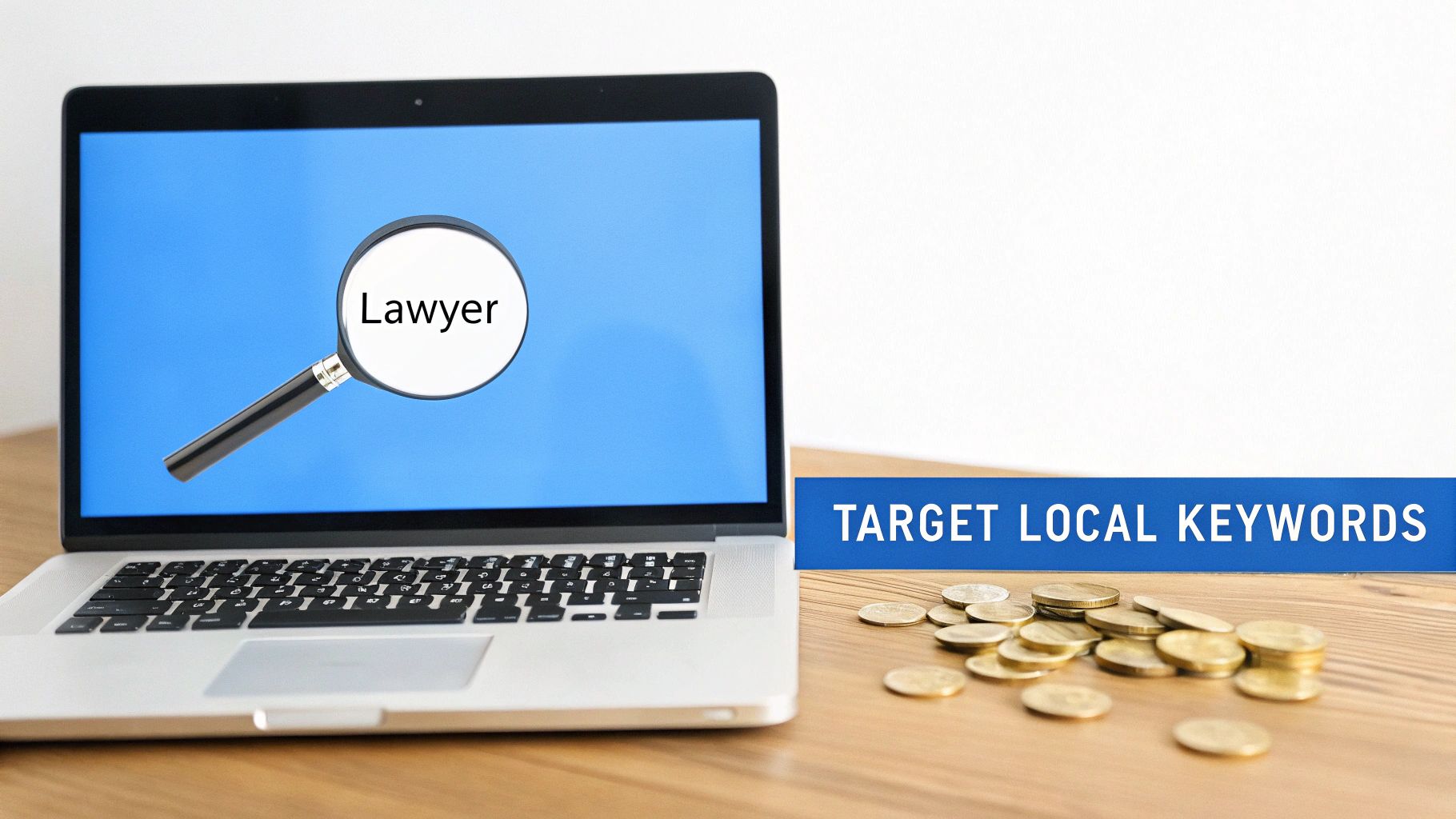 A laptop screen displays 'Lawyer' under a magnifying glass, next to a 'Target Local Keywords' banner and coins.