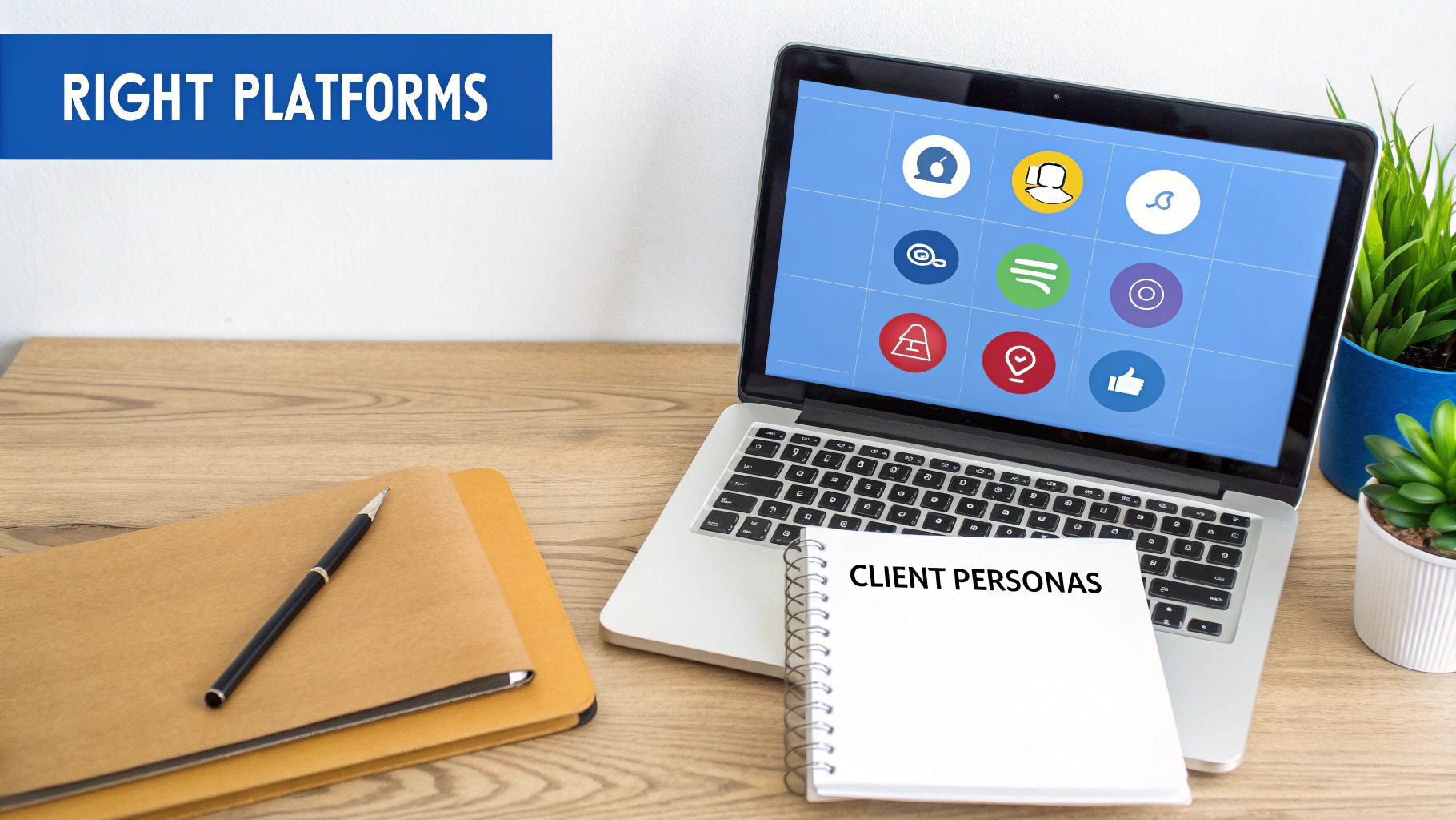 A laptop displays social media icons next to notebooks, one labeled 'CLIENT PERSONAS' on a wooden desk.