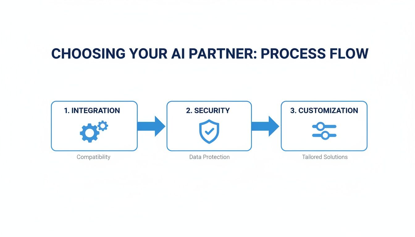 A process flow outlining three key steps for choosing an AI partner: integration, security, and customization.