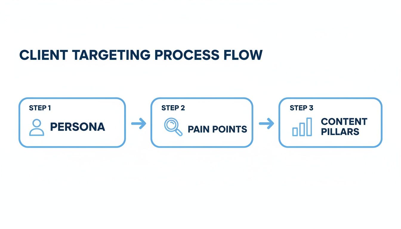 Client targeting process flow: identifying persona, pain points, and developing content pillars.