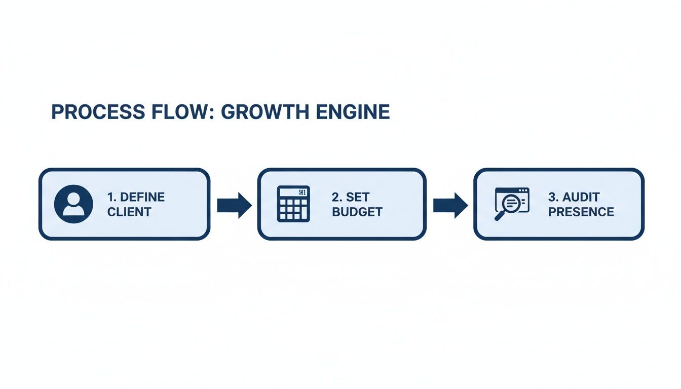 A process flow diagram illustrating a growth engine with steps: define client, set budget, and audit presence.