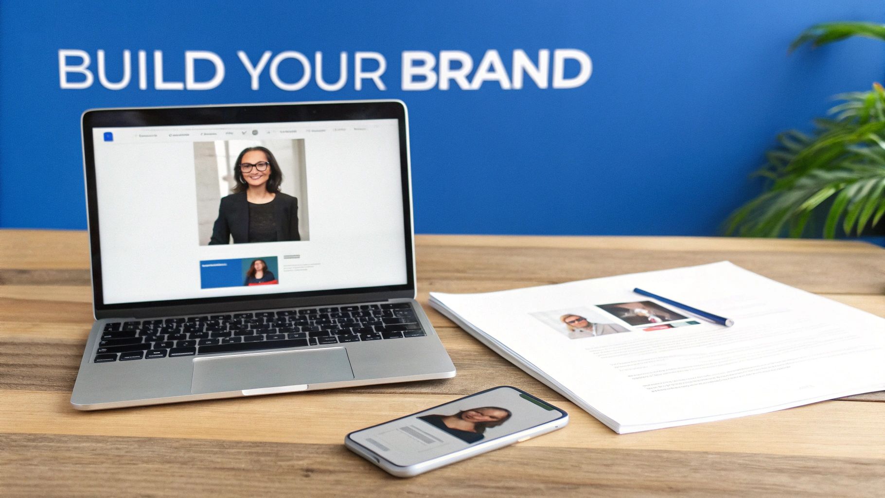 A professional workspace with a laptop, smartphone, and documents on a wooden desk, emphasizing personal branding.