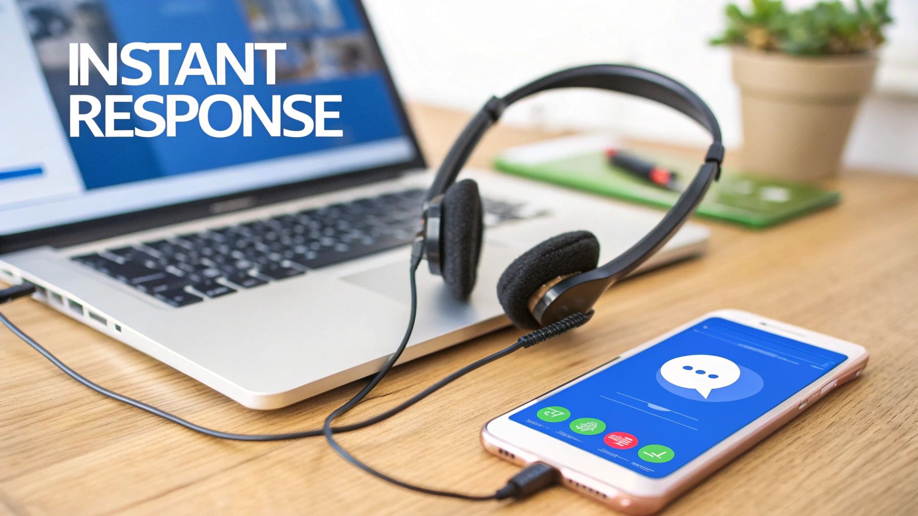 A desk setup with a laptop showing 'INSTANT RESPONSE,' headphones, and a smartphone for customer service.